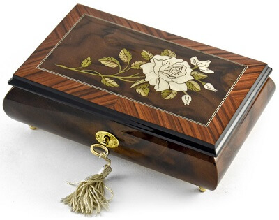 Exquisite 36 Note Single Stem White Rose Musical Jewelry Box