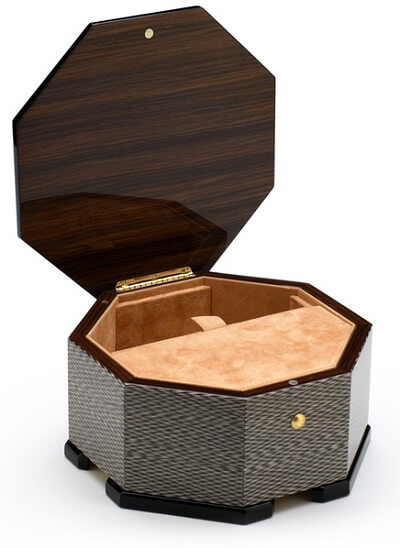 Handmade Modern Italian Design Wood Inlay Octagonal 18 Note Musical Jewelry Box